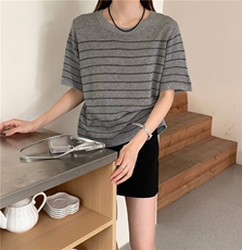 夏季新款简约条纹短袖针织衫女宽松休闲百搭上衣，女装针织衫/毛衣，伟祺羊绒