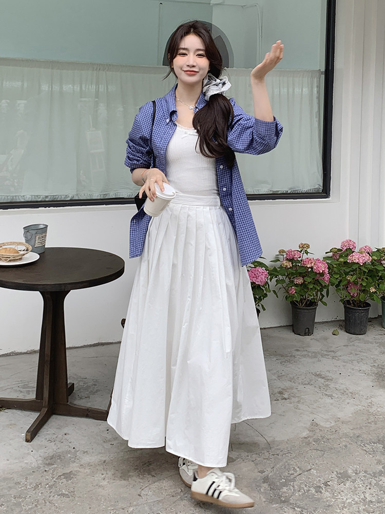 2025夏季新款白色打褶显瘦中高腰半身裙，百搭半身裙,女装半身裙,米莱