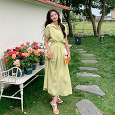 夏季新款简约小清新绿色两件套连衣裙套装，女装套装/套裙，帛锦泉