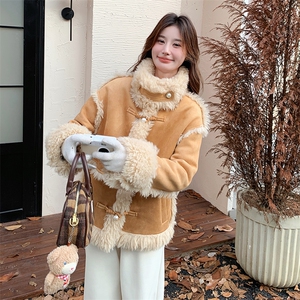 麂皮绒皮毛一体羊羔毛外套女2024冬新款时尚宽松毛茸茸机车服棉服图片