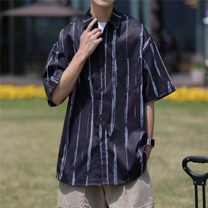 港风宽松休闲男士条纹短袖衬衫夏季潮BK203-P30图片