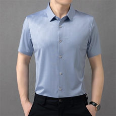 新款男士休闲短袖衬衫男细条纹免烫时尚品质商务宽松潮服上衣，男装衬衫，钱塘6003（原4033）