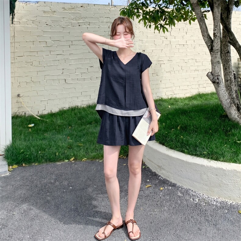 时尚潮流休闲运动纯色两件套2026年夏季轻薄撞色宽松型,女装套装/套裙,秀美人生
