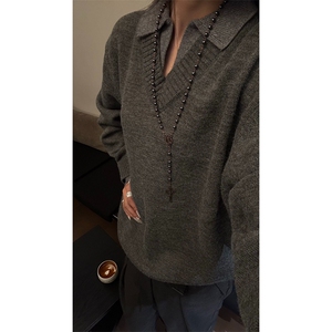 重磅北极绒假两件衬衫领毛衣美式高街复古休闲慵懒纯色翻领针织衫图片