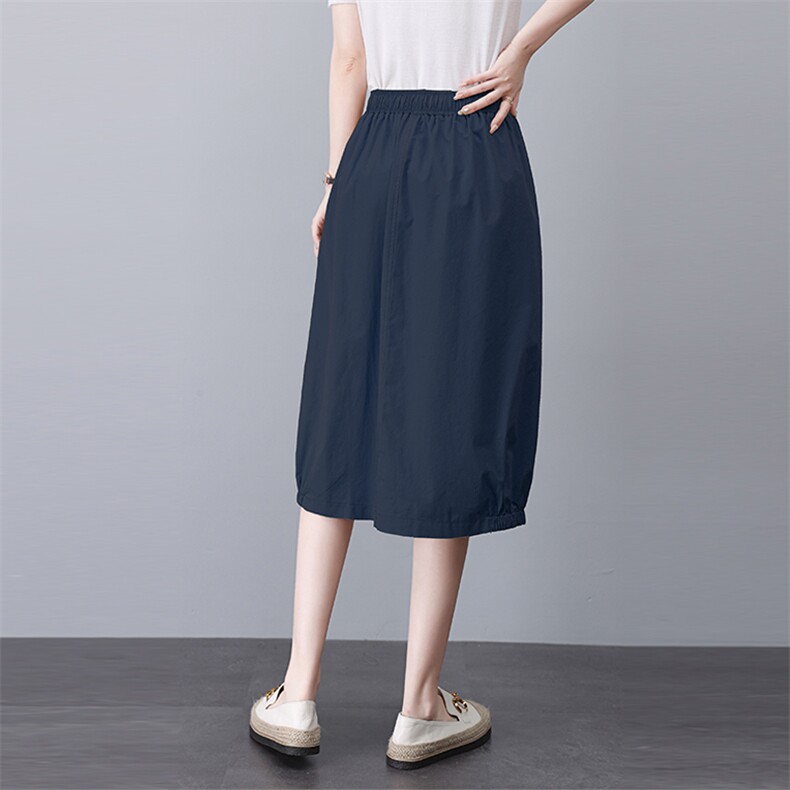 全棉休闲宽松2025夏新款纯色口袋松紧高腰气质简约显瘦半身A字裙，女装半身裙，悦见她