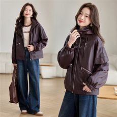 2581休闲连帽皮衣，女装短外套，文熹诺