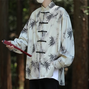 新中式男装风立领花衬衫外套式夏中山汉服民唐装男款C4523