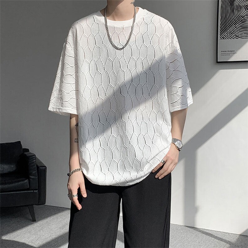 现货 T10130-特p30 控58 高品质面料镂空痞帅大码圆领短袖T恤衫图片