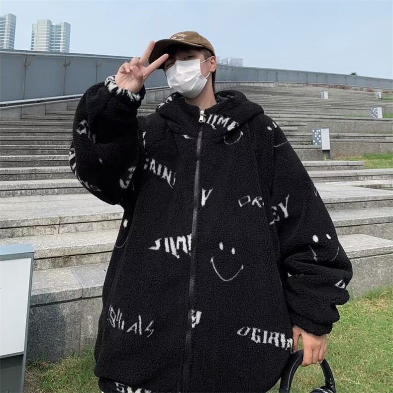 毛毛衣男韩版潮流高街字母拼色2024冬季保暖ins棉衣外套MF072-P66图片