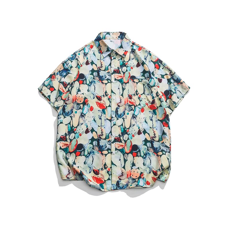 2023夏季新款彩色条纹印花衬衫套装男士休闲宽松短袖DX418-P25，男装衬衫，电商A128