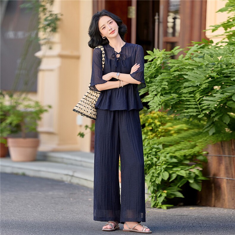 时尚休闲配吊带半透宽松上衣阔腿裤洋气三件套女,女装套装/套裙,水衣源