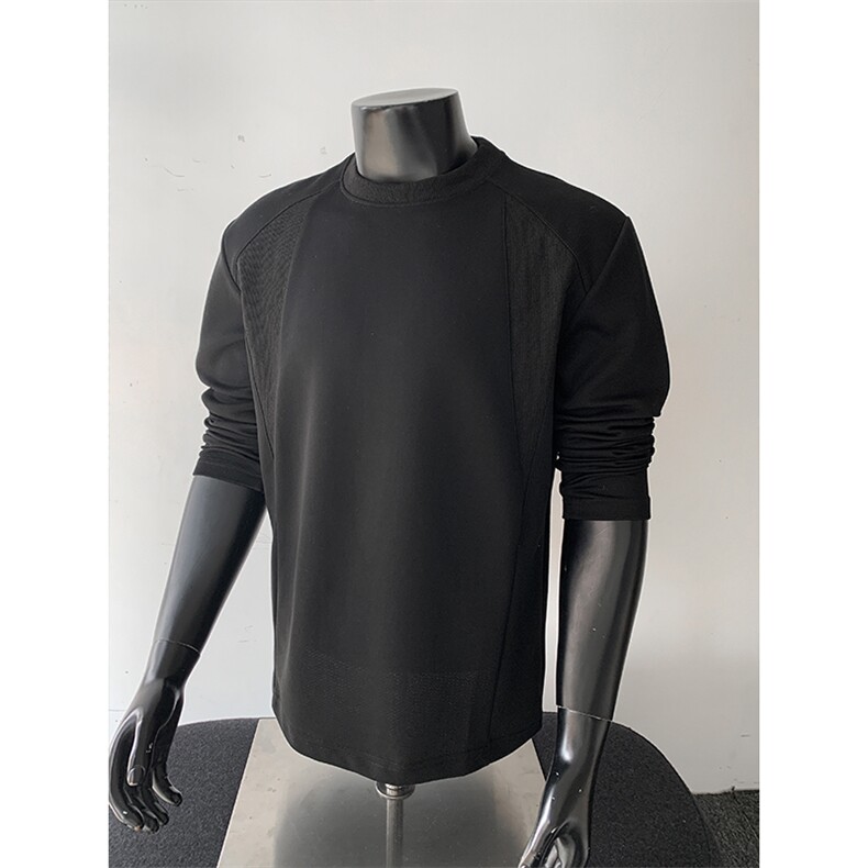 重磅华棉拼接圆领长袖T恤男秋冬季潮牌大码宽松学院风内搭打底衫，男装T恤，电商A001