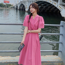 法式粉色连衣裙女2025夏季新款气质女神范收腰显瘦温柔风茶歇长裙，女装连衣裙，2C092