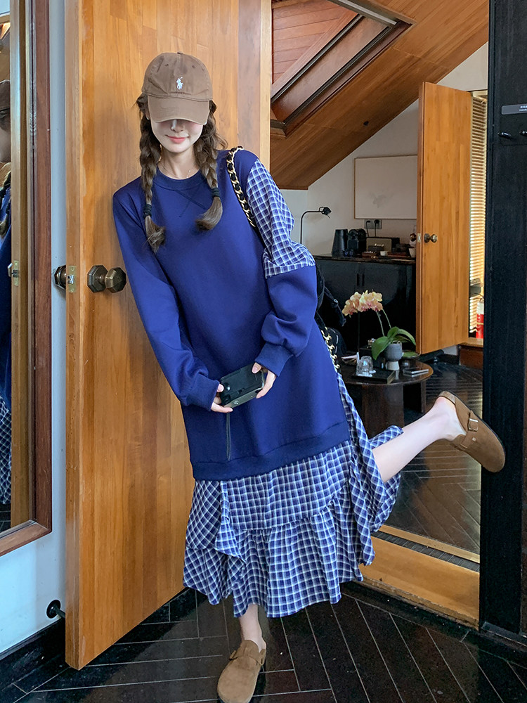 假两件格子拼接卫衣裙女2025年春季新款韩系流行减龄超好看连衣裙,女装连衣裙,浙宝276（原081）
