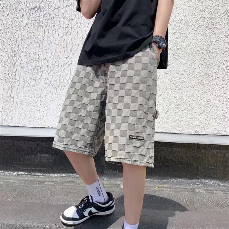 棋盘格牛仔裤夏季韩版时尚个性宽松休闲五分中裤潮流K3118-P38,男装牛仔裤,星座512-3