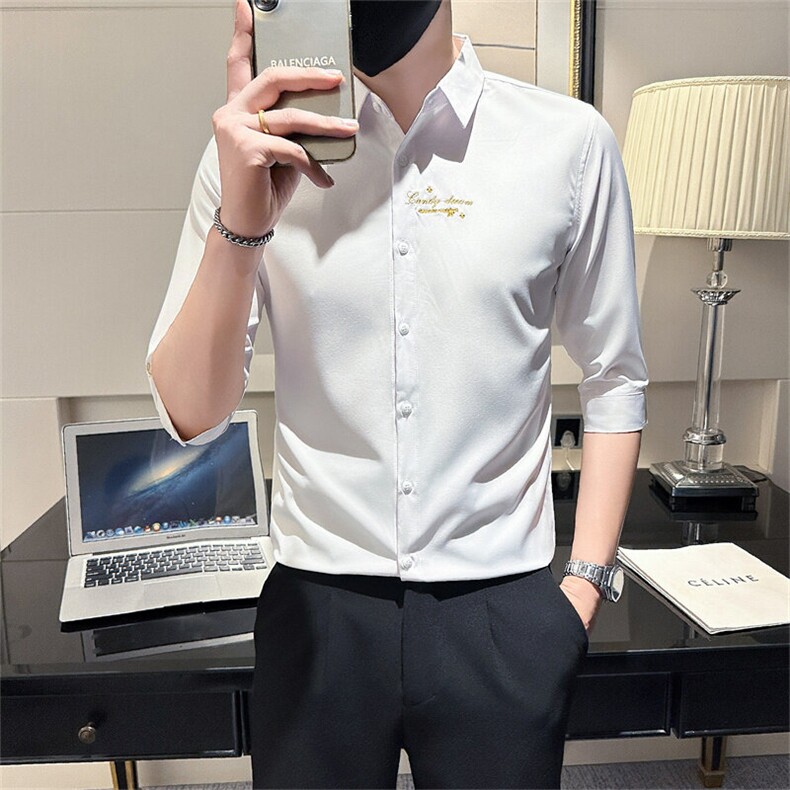 店主风夏季男士刺绣痞帅修身七分袖衬衫301A-1/CS331/P55,男装衬衫,星座301A-1