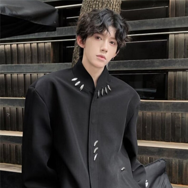 新中式西装外套男设计感金属扣垫肩西服小众高级立领中山装高级感,男装西服套装,星座506A