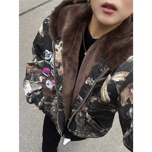 美式连帽牛仔棉服男女重磅迷彩树枝座山雕复古加绒加厚夹克外套潮