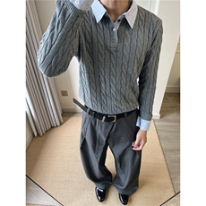 MY407-P56美式绞花假两件拼接条纹polo领毛衣男老钱风，男装针织衫/毛衣，电商B323A