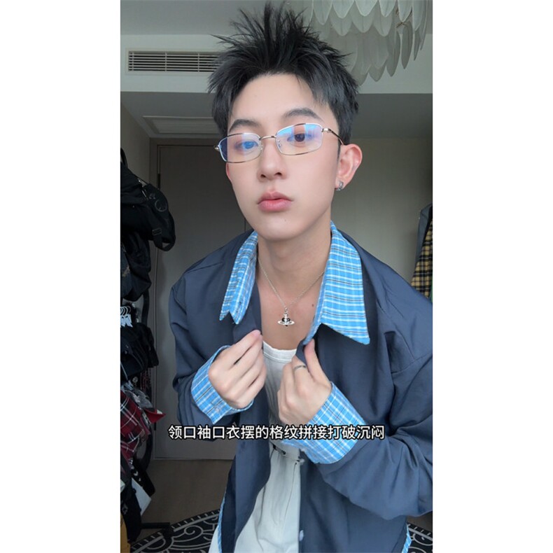 现货潮假两件藏青色格子长袖衬衫外套CS06-特P38，男装衬衫，电商C310
