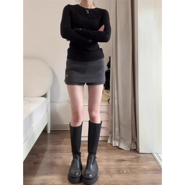 JK2502-P50韩系时尚假两件毛呢半身裙女ins新款复古百搭包臀裤裙,女装半身裙,星座617A-2