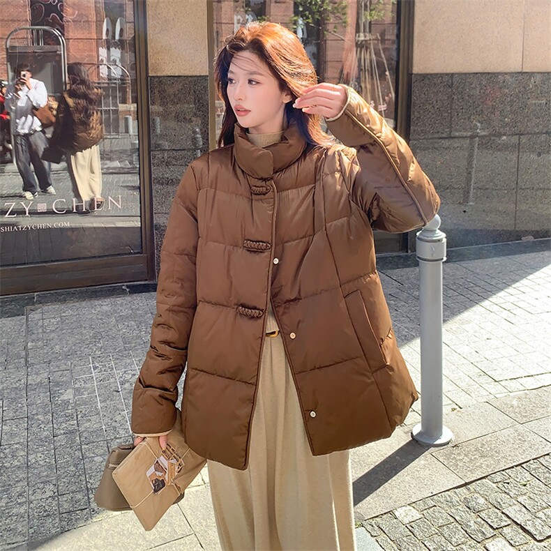 短款立领拼接袖简中式一手长加厚羽绒服女宽松保暖外套,女装羽绒服,水衣源