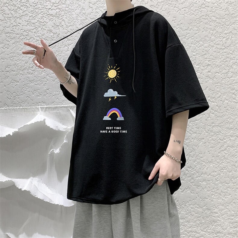 LD54141-P45连帽短袖t恤男大码胖子带帽五分袖中袖大皂风,男装T恤,电商A040