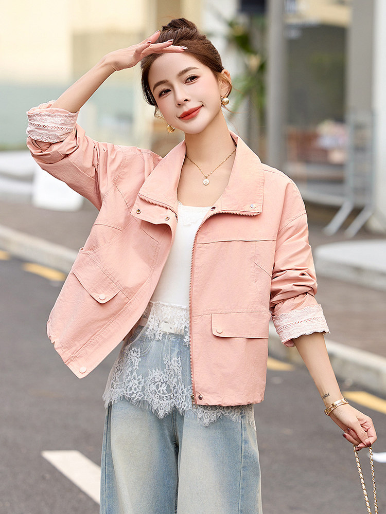 洋气粉色蕾丝拼接袖口翻领外套女2025春秋新款小个子百搭减龄上衣,女装短外套,悦祺