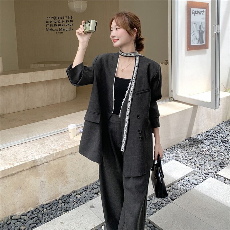 高级感显瘦西服外套通勤套装女2025春秋季新款休闲阔腿长裤两件套，女装套装/套裙，蝶眷