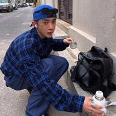 磨毛蓝色格子衬衫松弛感宽松大版复古简约小刺绣长袖薄外套，男装衬衫，星座218-1（原230）