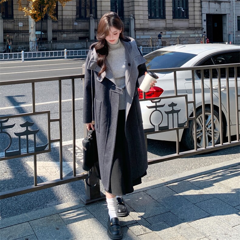 现货2025秋冬双面羊毛呢连帽正反两穿休闲毛呢风衣外套,女装毛呢外套,丝露依尚（原SL）