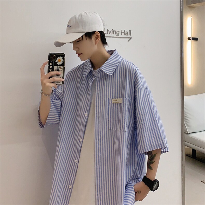 夏季韩版潮流百搭情侣条纹衬衫帅气休闲长袖男士衬衣CC06P40，男装衬衫，电商D321A