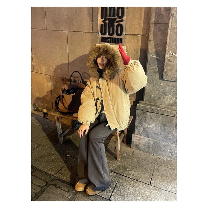 卡其色羽绒服女复古牛角扣派克服冬季2025年新款加厚韩系棉袄外套,男装羽绒服,星座506A