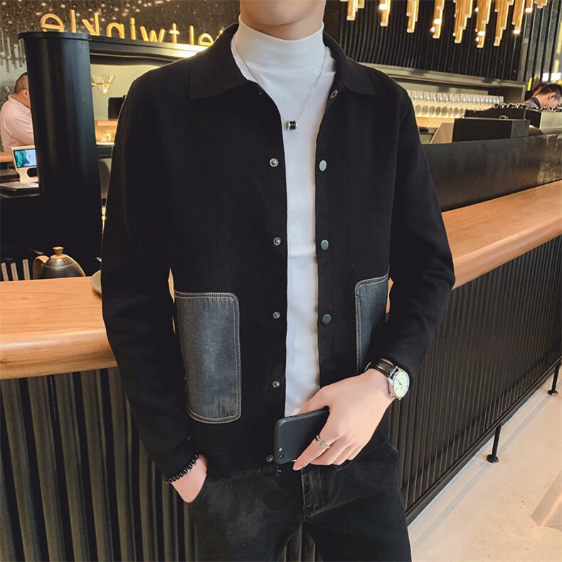 店主风精品秋冬简约针织开衫长袖毛衣外套口袋拼牛仔布V1026-P95,男装针织衫/毛衣,星座308A
