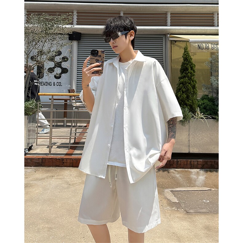 短袖衬衫短裤冰丝套装5XZ1013-TP30不纯色男垂感两件套,男装牛仔裤,电商A102