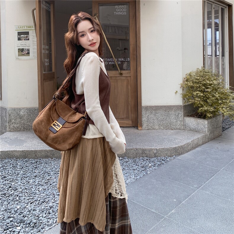春秋装新款撞色假两件上衣+呢料格子裙两件套A2553-P185-K275,女装套装/套裙,2C261