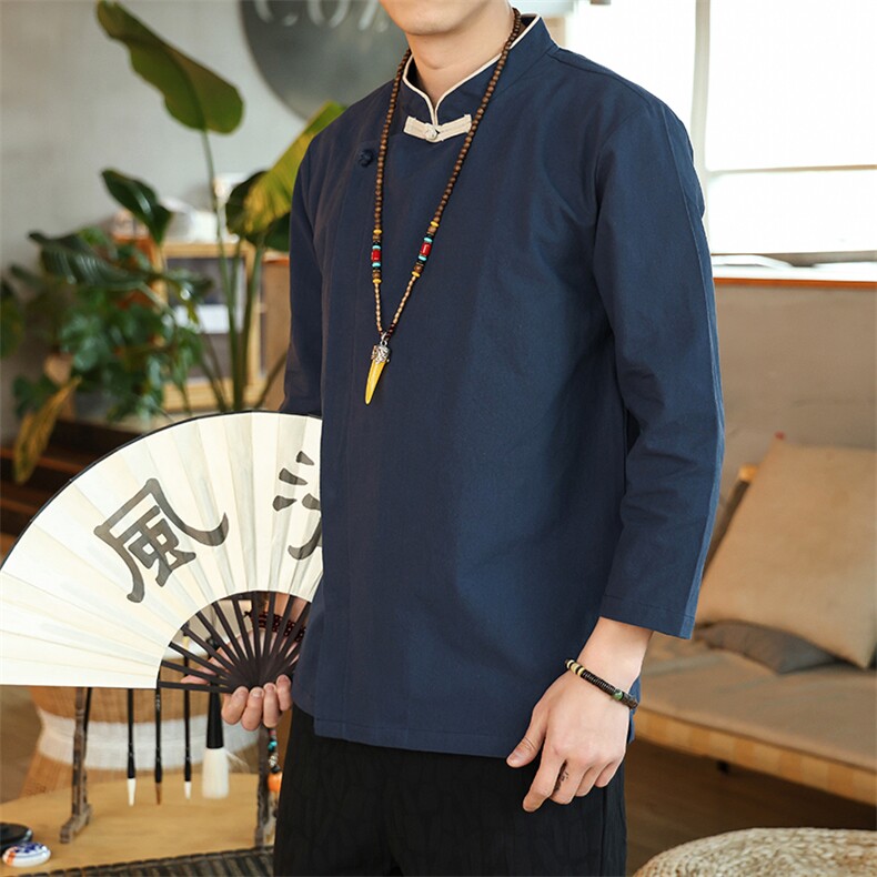 2023可定制印花风夏季新款棉麻长袖衬衫男斜襟衬衣T93-P65,男装衬衫,星座313B-4（原星座309A-1）