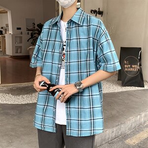 21年夏季短袖衬衫男宽松落肩港风格子衬衫男DS-C407-CS307-P35图片