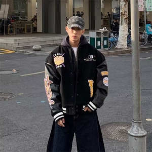 皮袖刺绣棒球服夹克百搭简约气质慵懒流行新款时尚潮HH164 P70图片