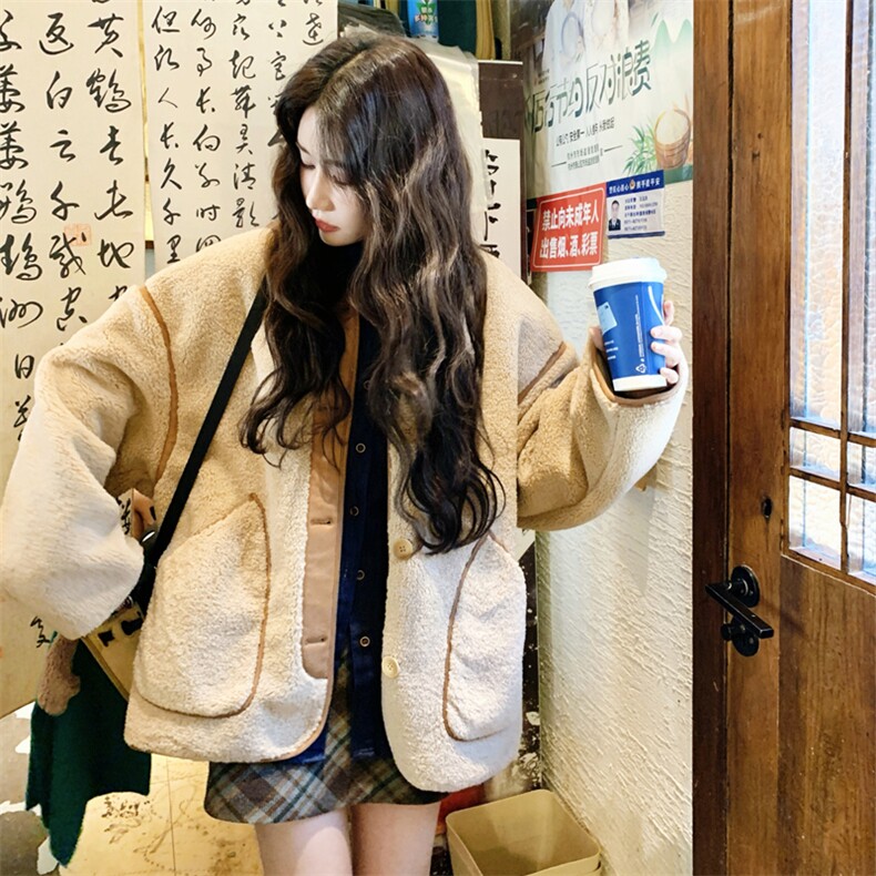 韩系复古撞色拼接羊羔毛外套女2025冬季新款加厚保暖皮毛一体棉服,女装短外套,2C158