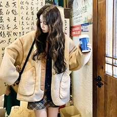 韩系复古撞色拼接羊羔毛外套女2025冬季新款加厚保暖皮毛一体棉服，女装短外套，2C158