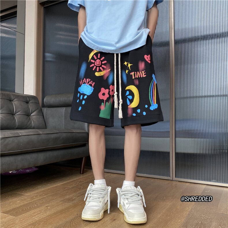 港风夏季新款彩绘发泡印花五分裤宽松短裤B315-K23350-p45控58图片