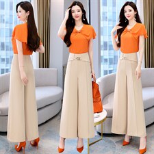 2023年夏季时尚潮流荷叶边拼接上衣+休闲阔腿裤两件套，女装套装/套裙，时尚俏佳人