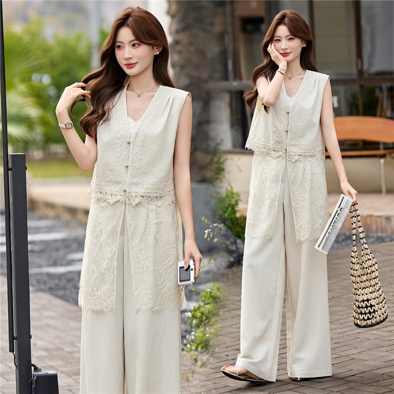 轻熟风气质套装女2026夏季重工刺绣马甲上衣拼接蕾丝阔腿裤两件套，女装套装/套裙，伊仟回