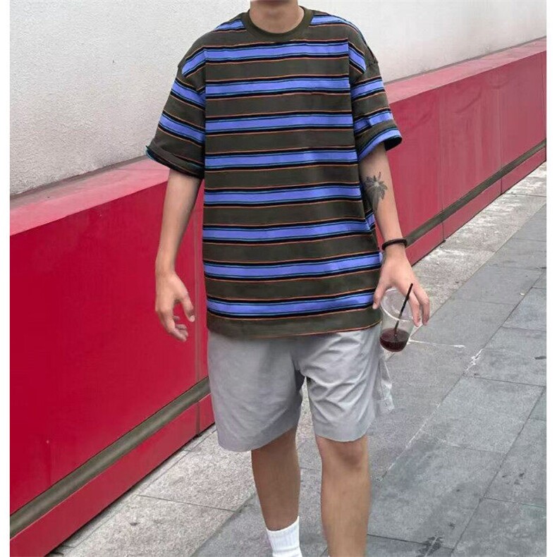 网图现货！2025美式复撞色条纹短袖慵懒风T恤-EX50794-特批30,男装T恤,电商A061