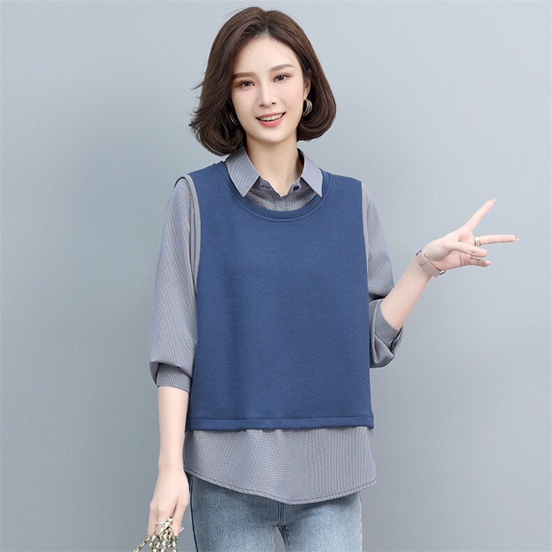 2022春新款女装假两件拼接卫衣时尚百搭显瘦长袖上衣,女装卫衣/绒衫,依恋蒂丝