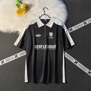 夏季polo衫短袖t恤男美式复古街头宽松拼接撞色翻领体恤PL48P34