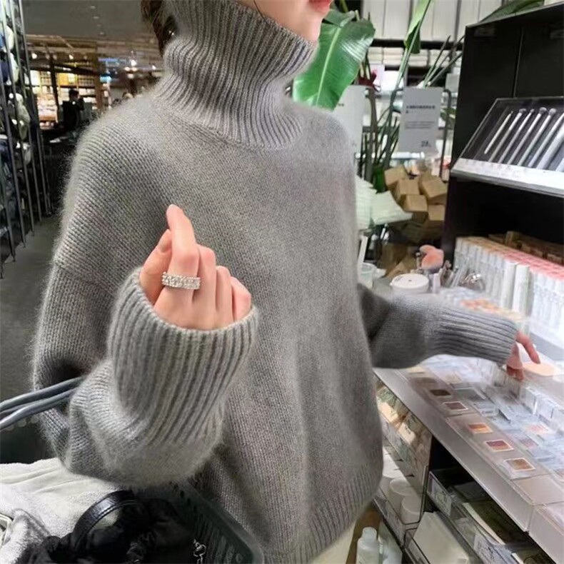 欧货羊绒衫女高领秋冬季套头宽松慵懒风加厚软糯打底衫针织毛衣图片