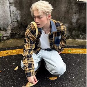 高级感外穿格子衬衫男女情侣复古宽松百搭早秋黄色格纹衬衣图片