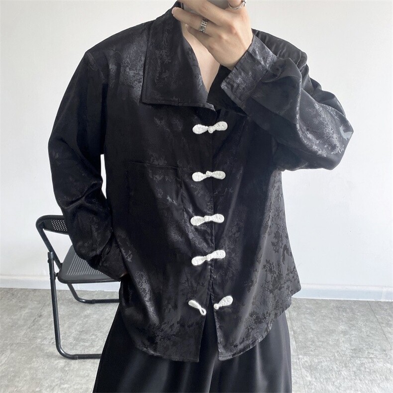 夏季防晒中式缎面提花复古盘扣翻领长袖男女衬衣禁欲系暗黑123P85,男装衬衫,星座901-1（原C217）